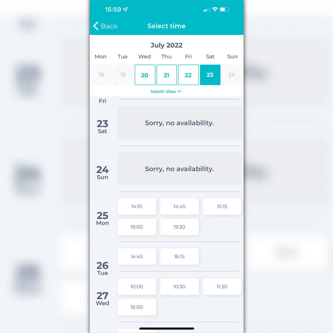 Mobile App Select Time page